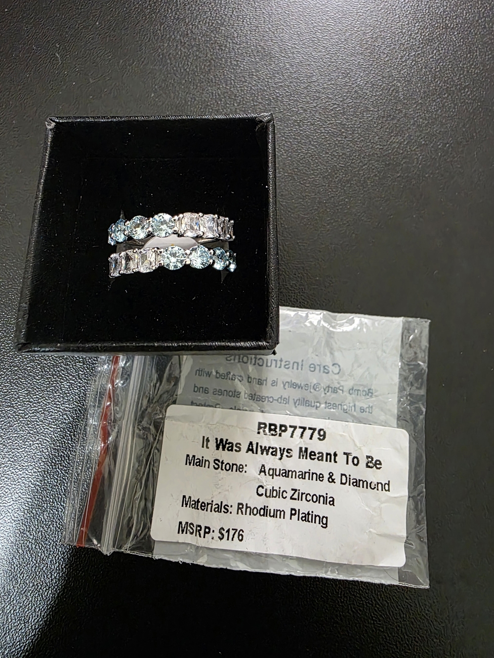 Ring Bomb Party Aquamarine & CZ Rhodium Plated Silver Band Ring Size 7 RBP7779